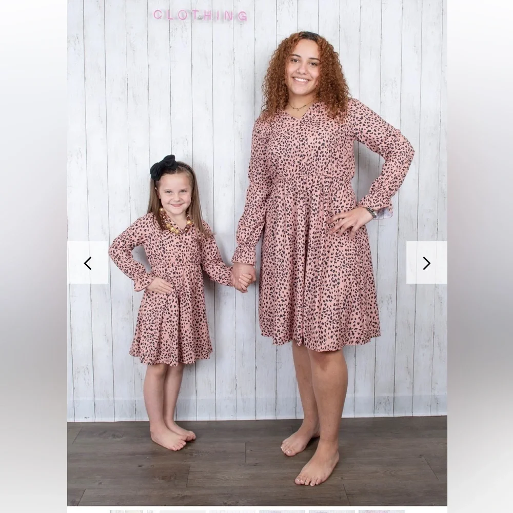 Marie Nicole Mom and Me Cheetah V neck Long Sleeve Dress with Cuffed wrist